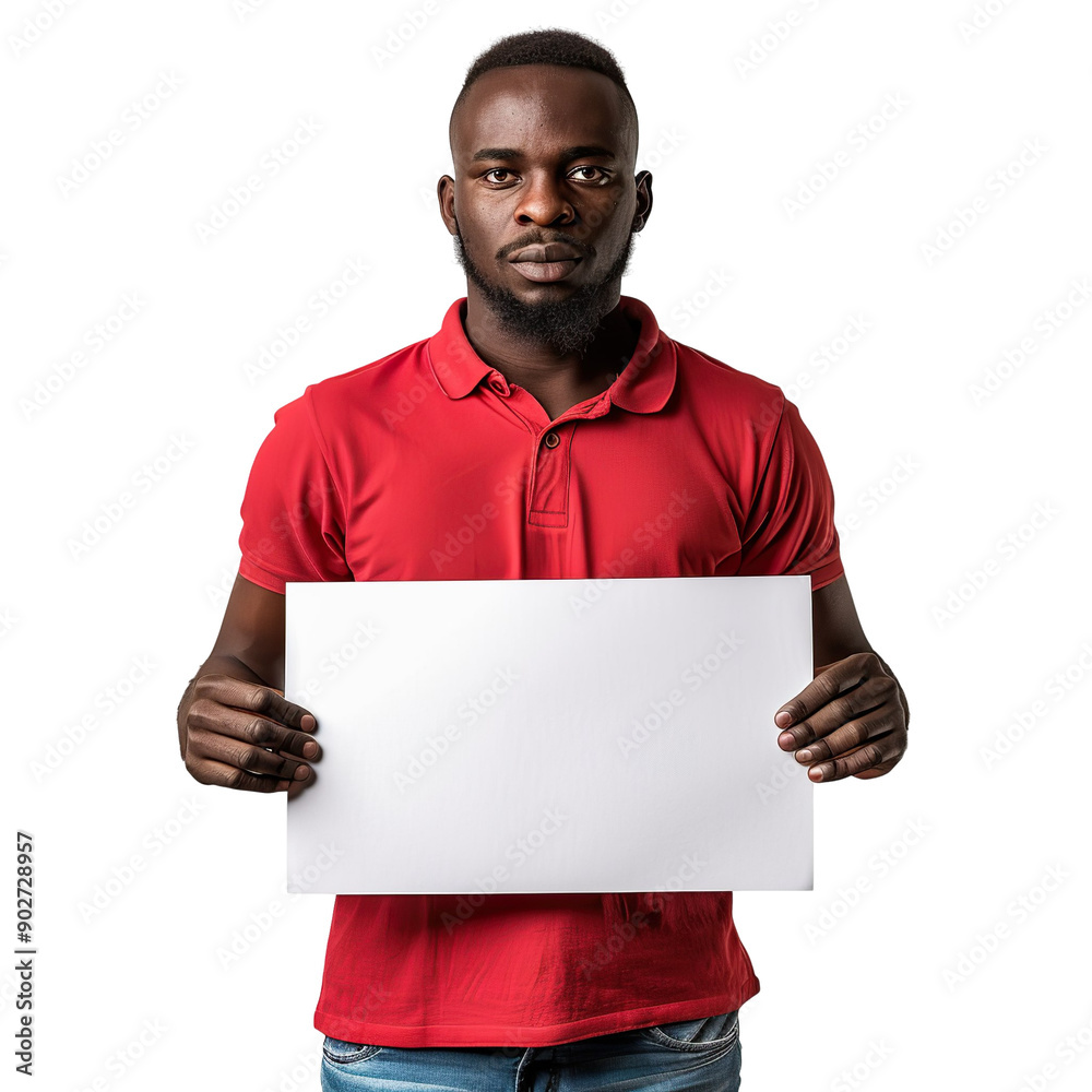 Front view mid body shot of an African man holding a blank white placard in a red polo shirt and denim shorts, isolated on a white transparent background Front view mid body shot of an African man holding a blank white placard in a red polo shirt and denim shorts, isolated on a white transparent background