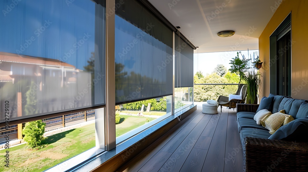 Fototapeta premium Covering the terrace with roller blinds against the sun