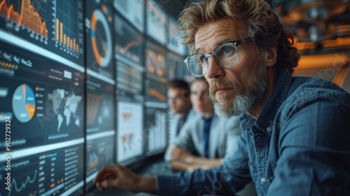 Analytical Professional Engaged in Data Analysis in High-Tech Control Room During Evening Hours