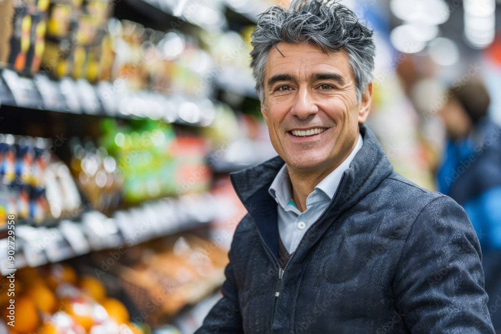 Fototapeta premium Smiling Mature Man Shopping in Grocery Store Aisle