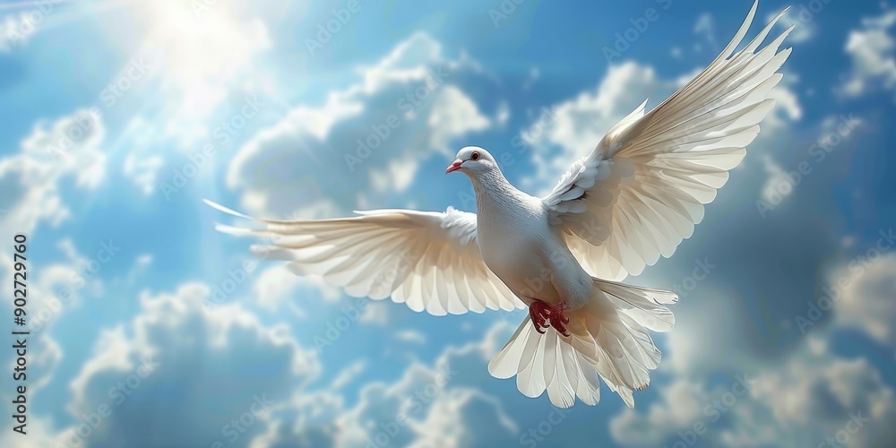Obraz premium , A white dove flying in blue sky