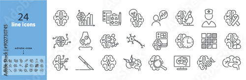 Neurology clinic, human brain line icon set. Headache, stroke,cell, neuron, synapse, oncology, neuroplasticity,neurologist, cognitive tests vector illustration on white background. Editable Strokes