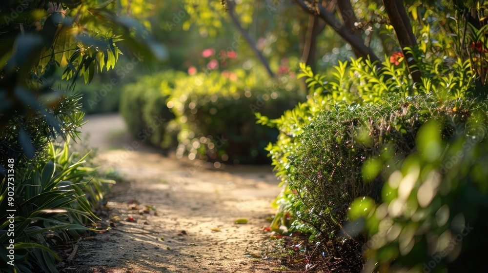 The sun shines through the trees as a dirt path winds through a vibrant green garden The sun shines through the trees as a dirt path winds through a vibrant green garden