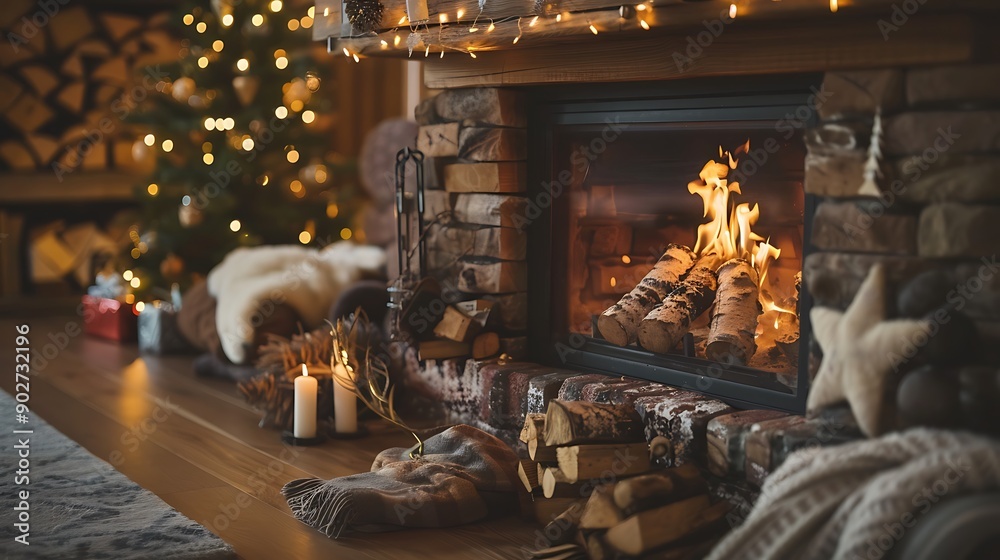 Cozy christmas fireplace with wooden pieces Cozy christmas fireplace with wooden pieces
