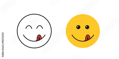 Yummy smile emoji with tongue lick mouth. Delicious tasty food symbol for social network. Yummy and hungry icon. Savory gourmet. Enjoy food sign.