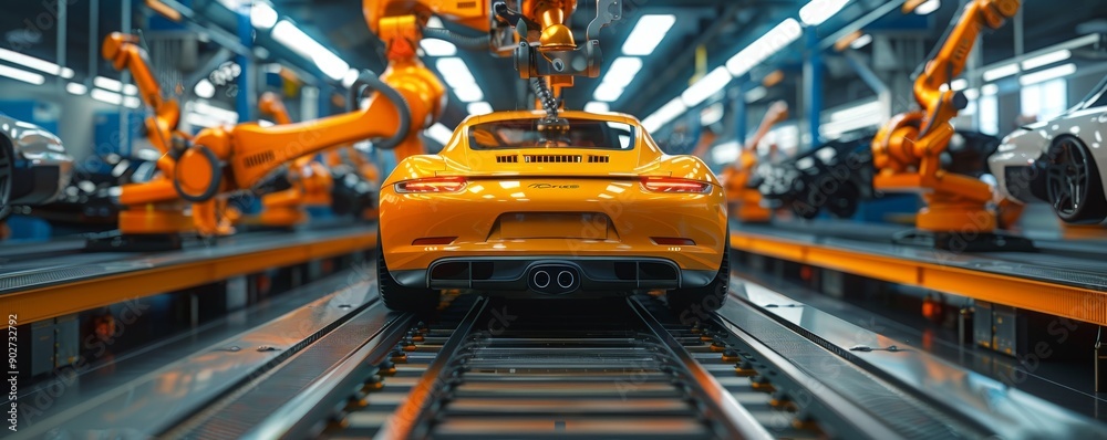 High-tech car assembly line with robotic arms working on luxury sports car High-tech car assembly line with robotic arms working on luxury sports car