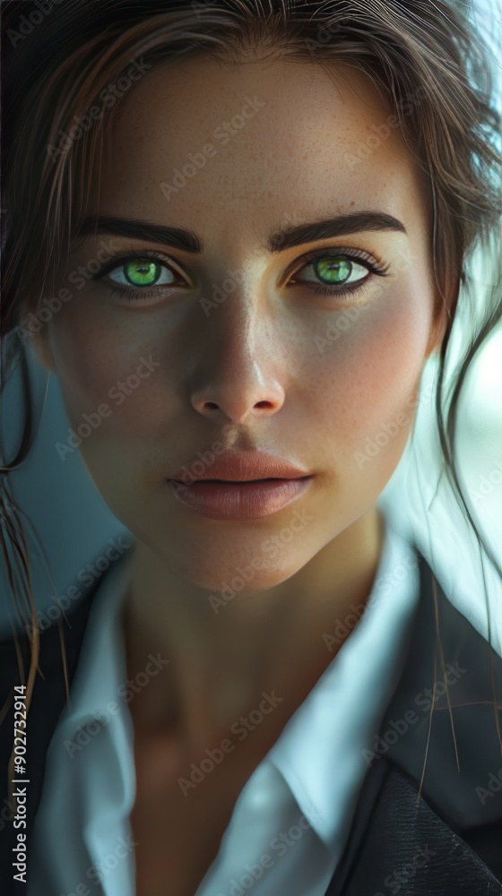 A woman with green eyes is wearing a white shirt and a black jacket A woman with green eyes is wearing a white shirt and a black jacket