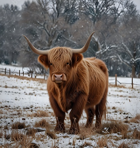 Scottish highland cow in winter pasture