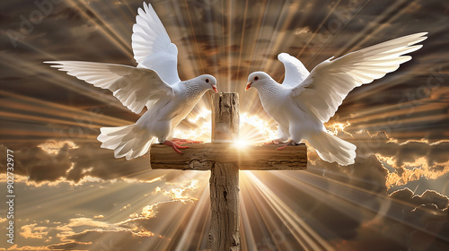 doves flying side of a heavenly cross with a sunburst rays reflection of the cross