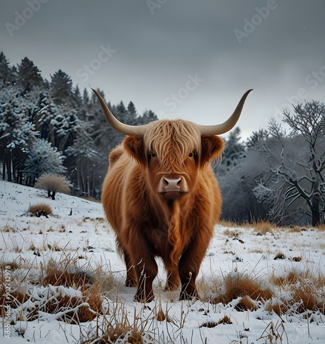 Scottish highland cow in winter pasture