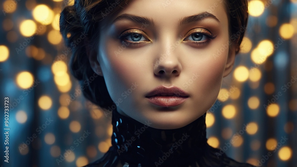Elegant Young Woman Posing Against a Soft Golden Background at Evening Event Elegant Young Woman Posing Against a Soft Golden Background at Evening Event