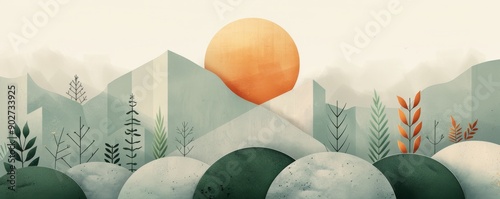 Minimalist mountain landscape with sun and nature elements in pastel colors