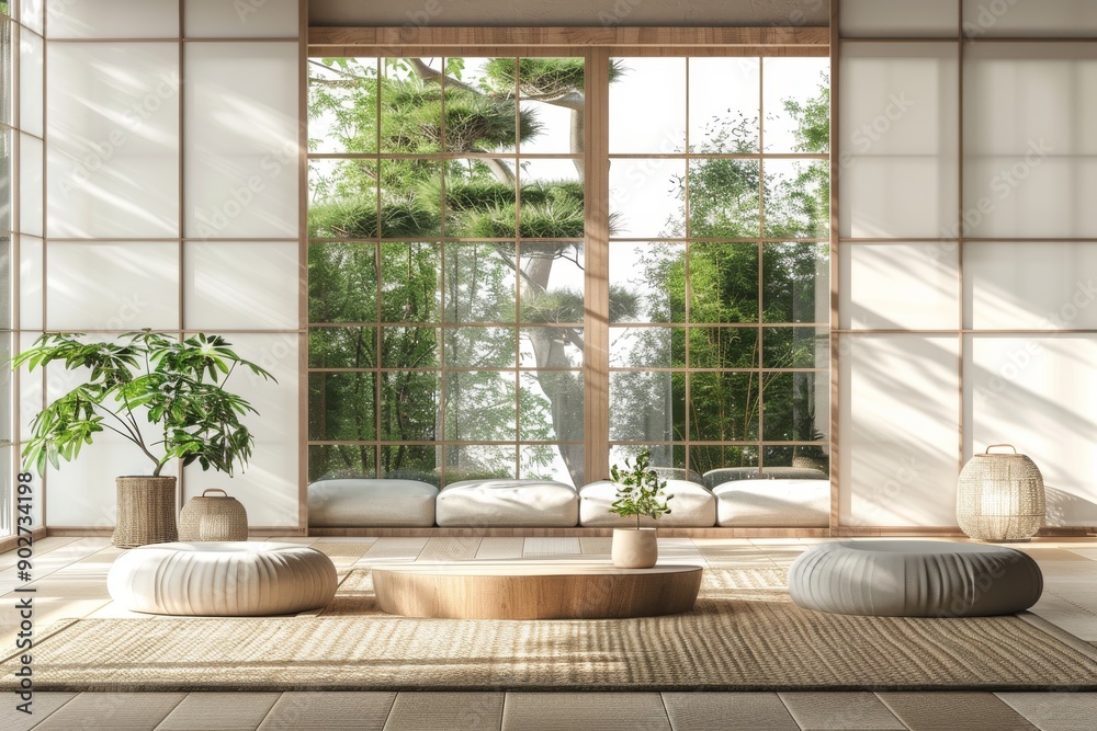Fototapeta premium Modern Japanese living room with natural light and minimalist furniture