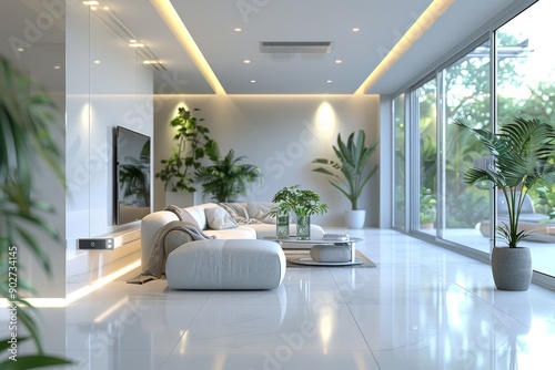 Modern living room with white decor, large windows, and indoor plants