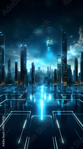 Digital technology building light beams city abstract graphic poster background © yonshan