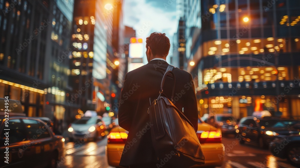 Naklejka premium Businessman boarding a taxi with a cityscape backdrop, with room for corporate travel messages.