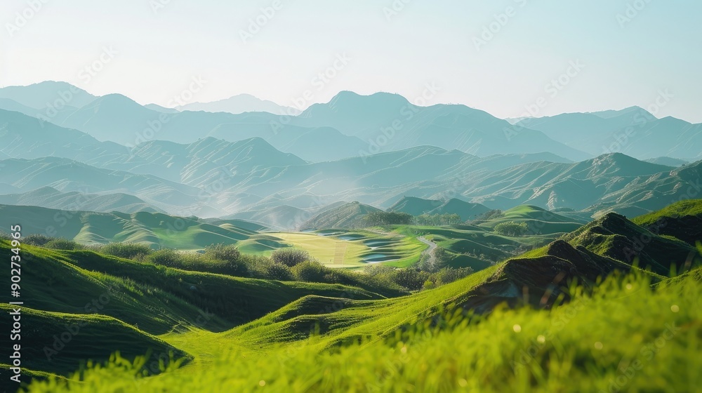 Fototapeta premium Green Landscape and Golf Course Surrounded by Mountains and Clear Sky
