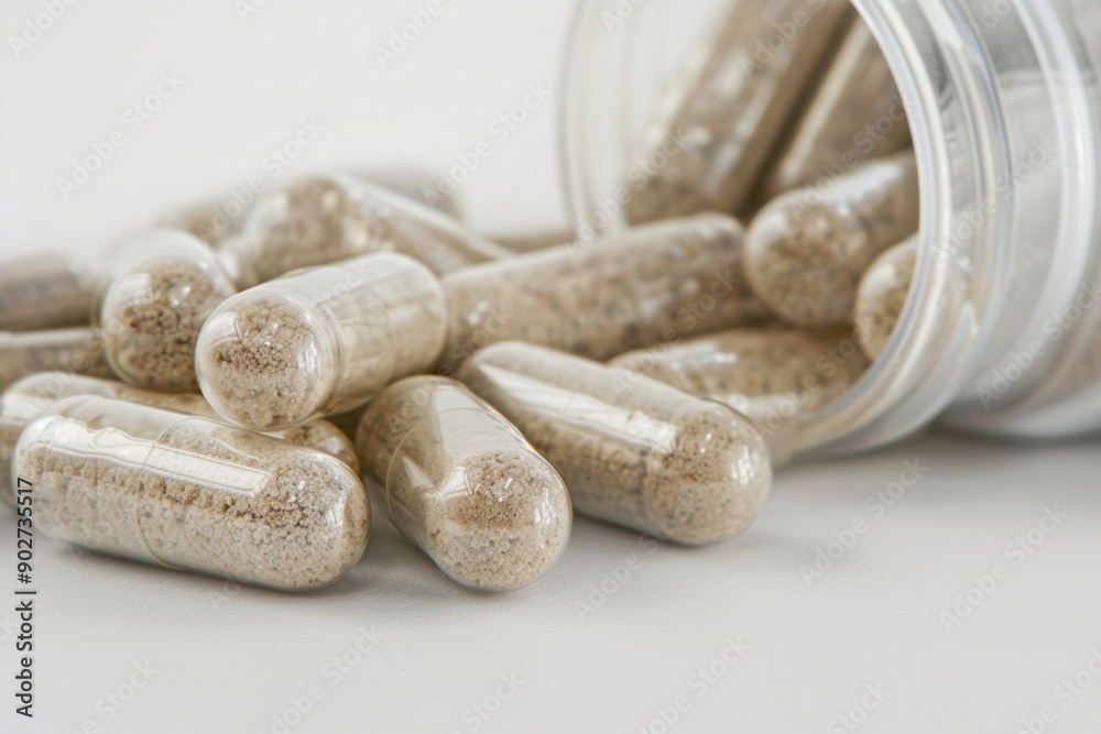 Close-up of spilled herbal capsules on a white surface Close-up of spilled herbal capsules on a white surface
