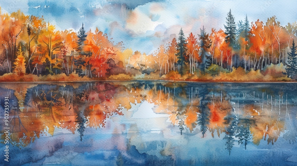 Obraz premium Serene watercolor of a lake mirroring the autumnal forest around it.