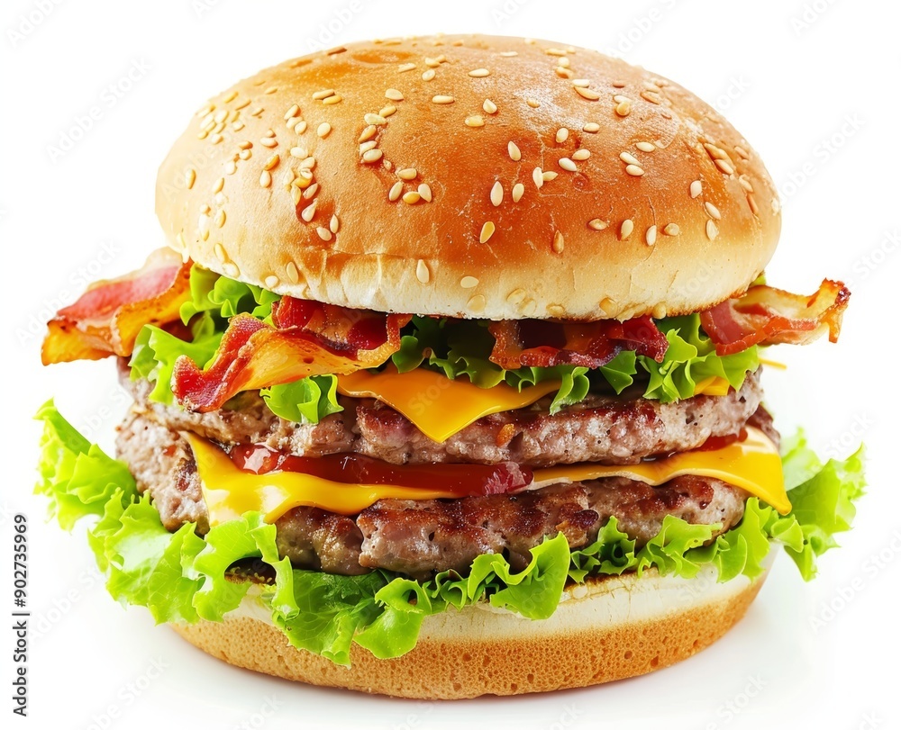 Double Bacon Cheeseburger with Lettuce and Sesame Seed Bun Double Bacon Cheeseburger with Lettuce and Sesame Seed Bun