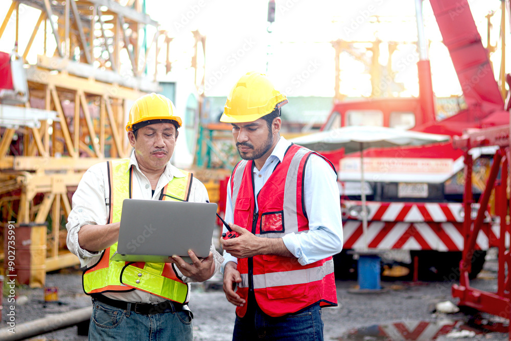 Two workers with safety vest and helmet hold laptop computer for discussion at construction site. Senior engineer and labor inspecting building site. Mature elderly and young architect work together. Two workers with safety vest and helmet hold laptop computer for discussion at construction site. Senior engineer and labor inspecting building site. Mature elderly and young architect work together.