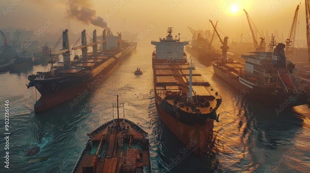 Cargo ships docked at a busy port, showcasing global trade and logistics themes. Cargo ships docked at a busy port, showcasing global trade and logistics themes.