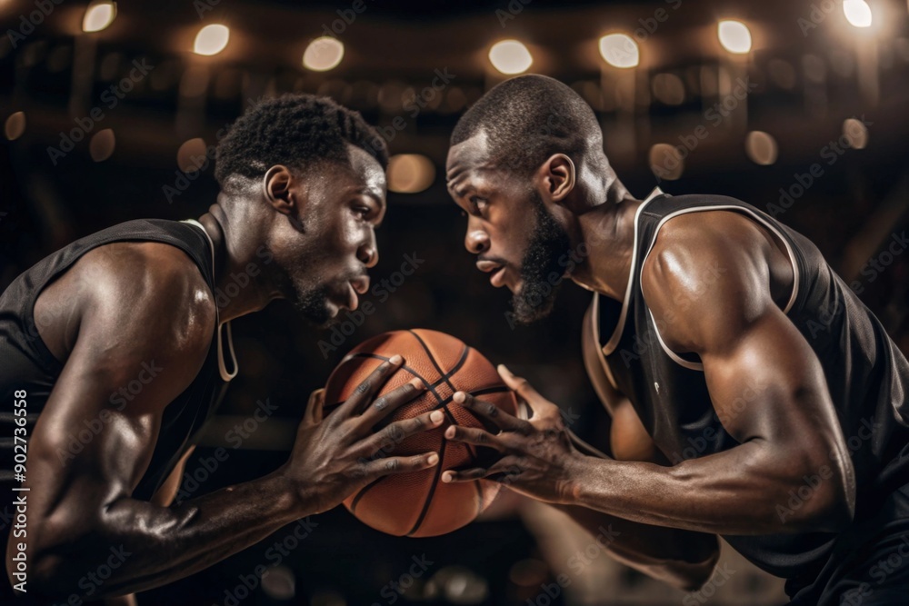 Two black basketball players on big professional arena before the game. Two teams. Players collided face to face. Player holds a ball. Close up