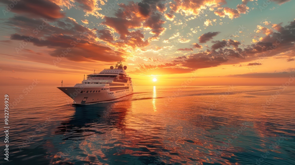 Fototapeta premium Cruise ship sailing at sunset, perfect for luxury and maritime transport backgrounds.