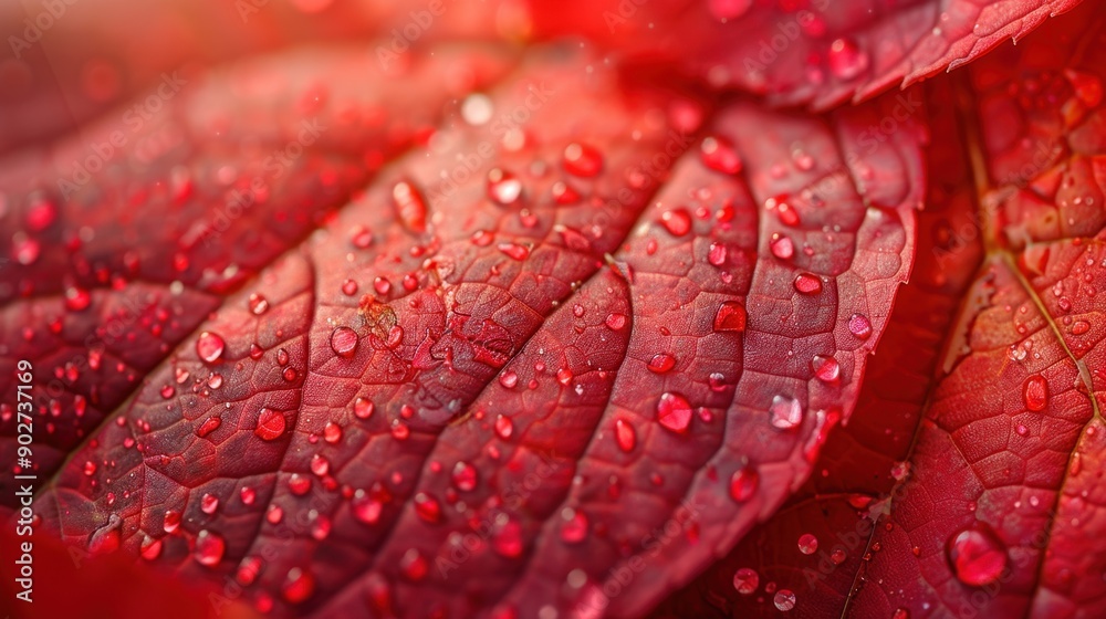 Fototapeta premium Close-up of vibrant red leaves with dewdrops. Macro photography capturing natural textures and tranquility, ideal for nature and botanical themes.