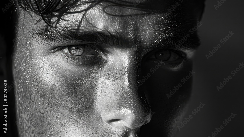 Monochrome image highlighting the sharp features of a man's face. Monochrome image highlighting the sharp features of a man's face.