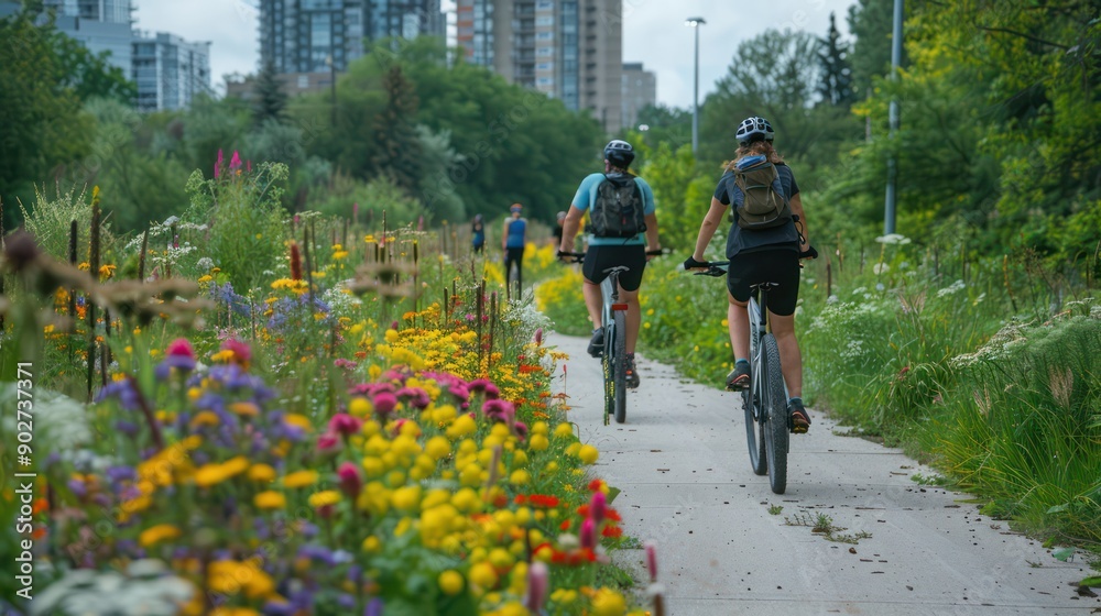 Obraz premium Cyclists on a city bike path, representing active and eco-friendly urban commuting.