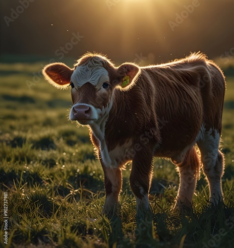 baby cow on a field with amazing light