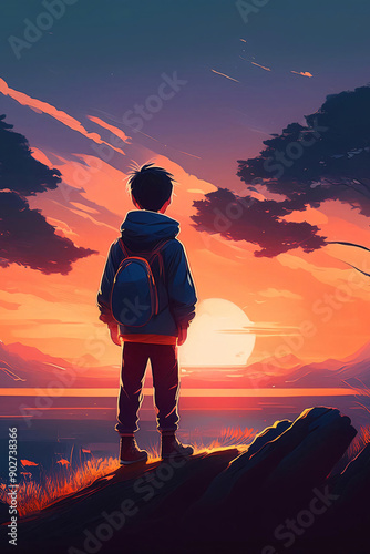 lofi boy stand shilhoutte sunset dark mood photo