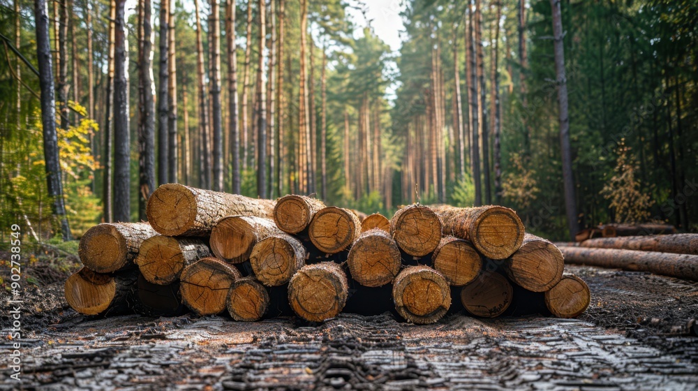 Logs neatly piled up in a dense forest, showcasing the logging industry with cut trees ready for transport, surrounded by tall, standing trees in a serene woodland setting. Logs neatly piled up in a dense forest, showcasing the logging industry with cut trees ready for transport, surrounded by tall, standing trees in a serene woodland setting.