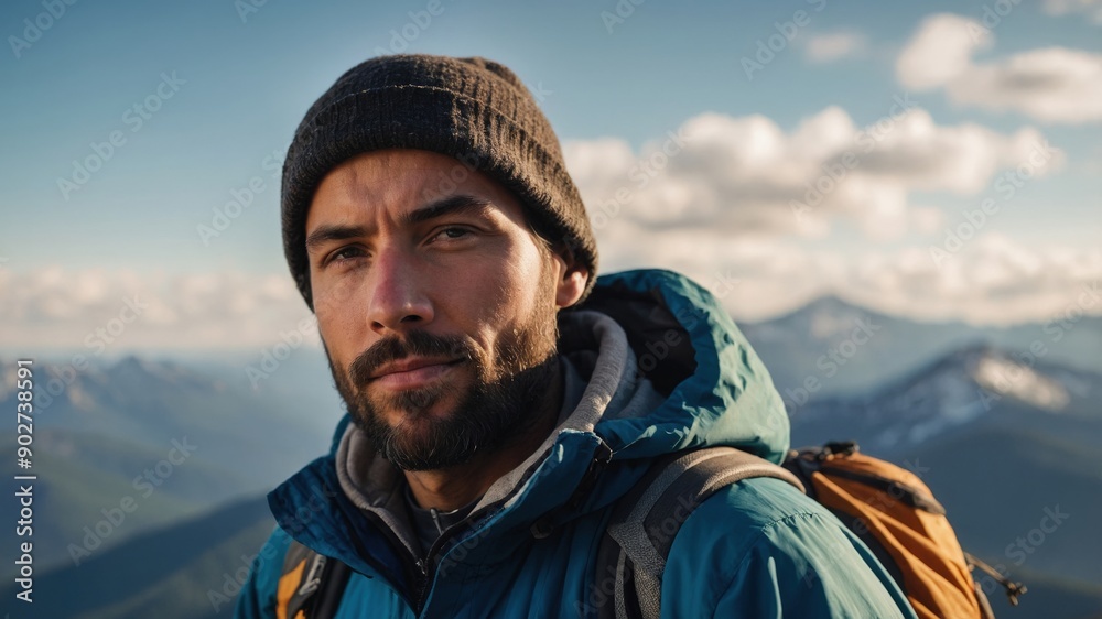 Man in beanie hiking in mountain landscape
Man in beanie hiking in mountain landscape