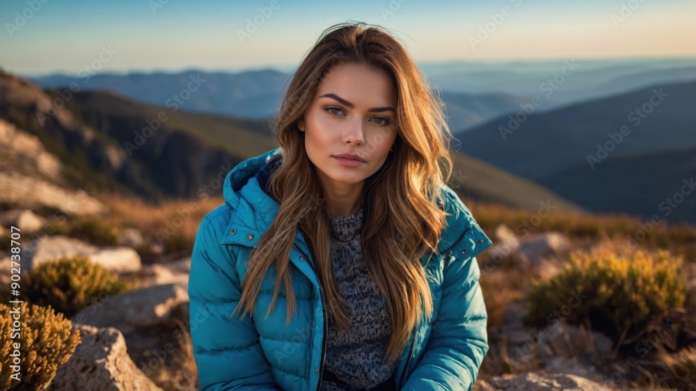Woman in blue jacket sitting on mountain top
Woman in blue jacket sitting on mountain top