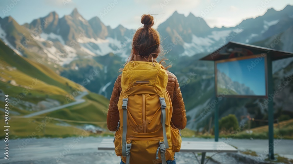 A Female hiker at a bus stop in the mountains, with space for adventure travel captions. A Female hiker at a bus stop in the mountains, with space for adventure travel captions.