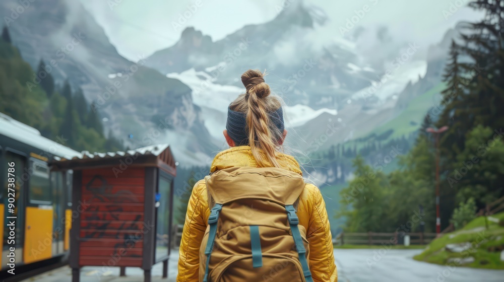 A Female hiker at a bus stop in the mountains, with space for adventure travel captions. A Female hiker at a bus stop in the mountains, with space for adventure travel captions.