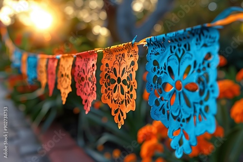 Colorful Paper Banners Decorate Vibrant Flower Garden at Sunset in Warm Evening Light