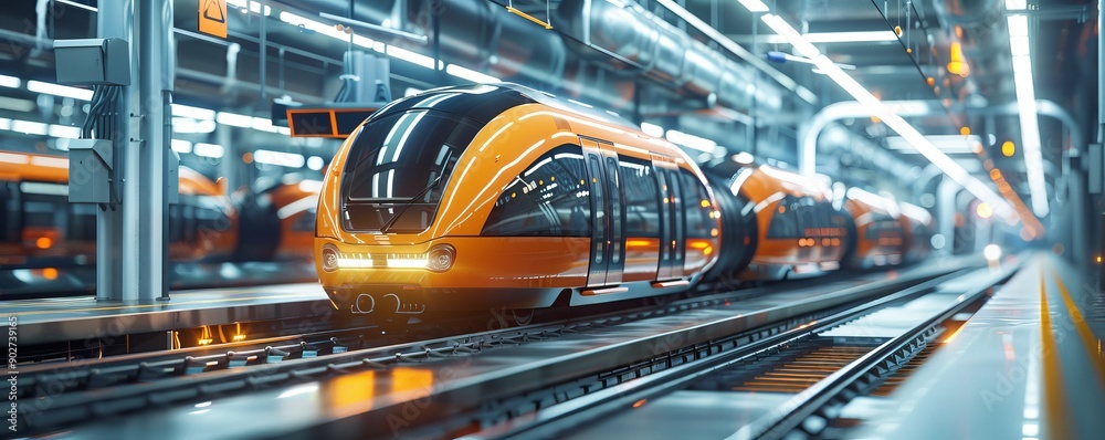 Modern train in high-tech maintenance facility with advanced machinery and bright interior lighting Modern train in high-tech maintenance facility with advanced machinery and bright interior lighting