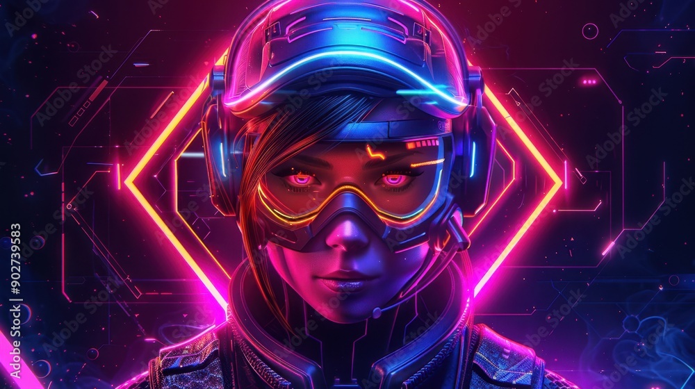 Animated sci-fi neon game rank avatar with a metal hexagon frame, featuring futuristic design elements and vibrant colors, perfect for a modern gaming interface.