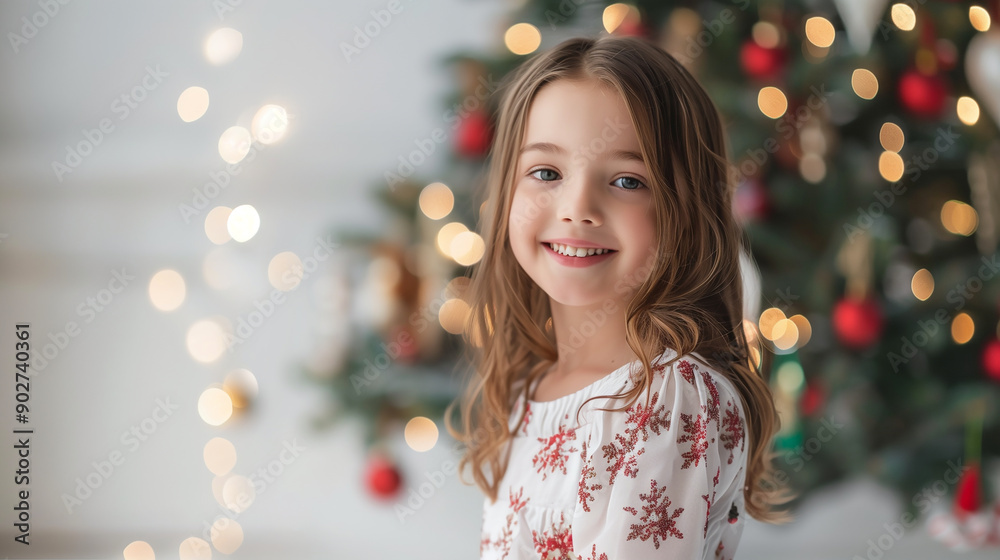 Portrait of a happy girl smiling with christmas lights and christmas tree on background Portrait of a happy girl smiling with christmas lights and christmas tree on background