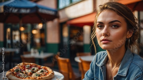 Woman enjoying pizza at outdoor cafe
