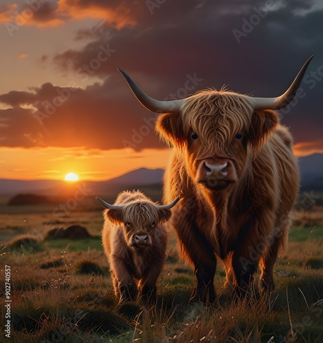 Highland cow and calf. Sunset over the pasture