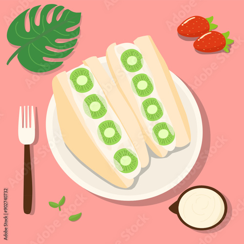 Vector illustration of Japanese style sweet fruits sandwich kiwi sando