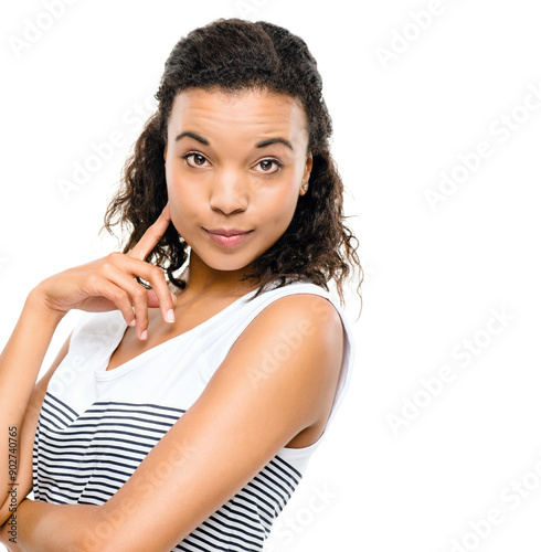 Woman, portrait and hand with thinking in studio for condescending, attitude and satisfaction. Arrogant, smug and female person with pose on white background for gloat, confidence and justification