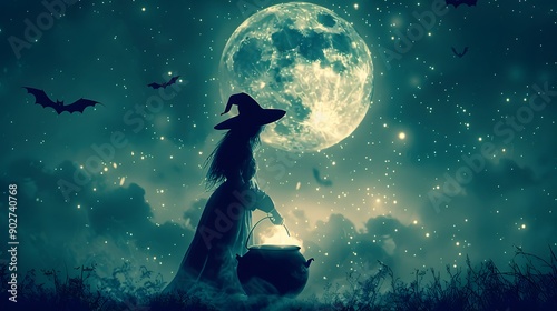 A witch stirring a bubbling cauldron under a full moon, with bats flying in the background Halloween day