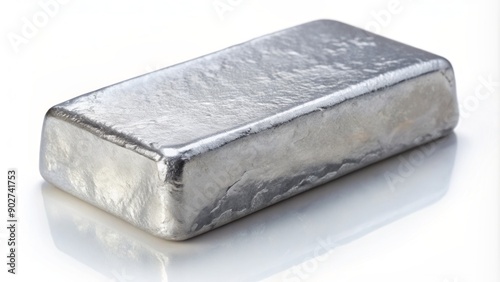 Gleaming silver-gray ingot of rare indium metal isolated on white background with subtle reflection and soft shadows accentuating texture.