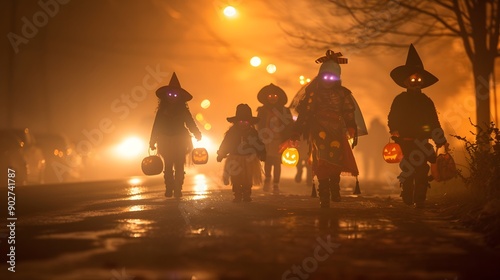 A group of children in Halloween costumes trick-or-treating on a foggy night photo