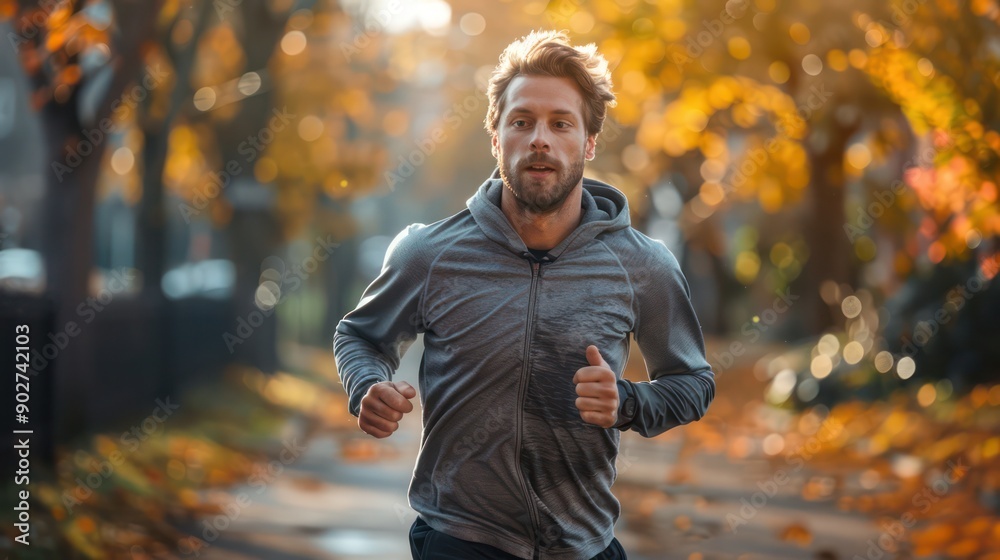 Obraz premium Male jogger running on a city path, perfect for health and fitness promotions.